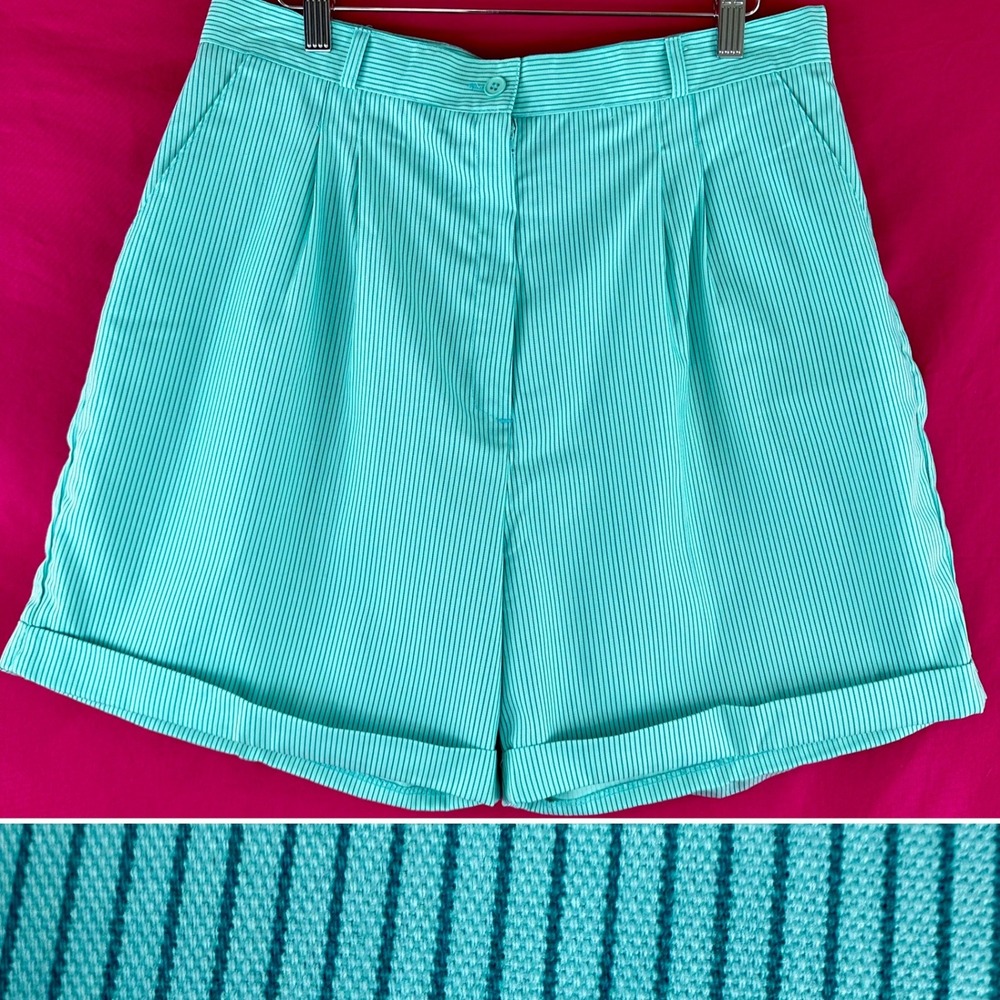 Vintage Turquoise Striped High Waist Shorts Womens‎ Large Resort Summer Coastal